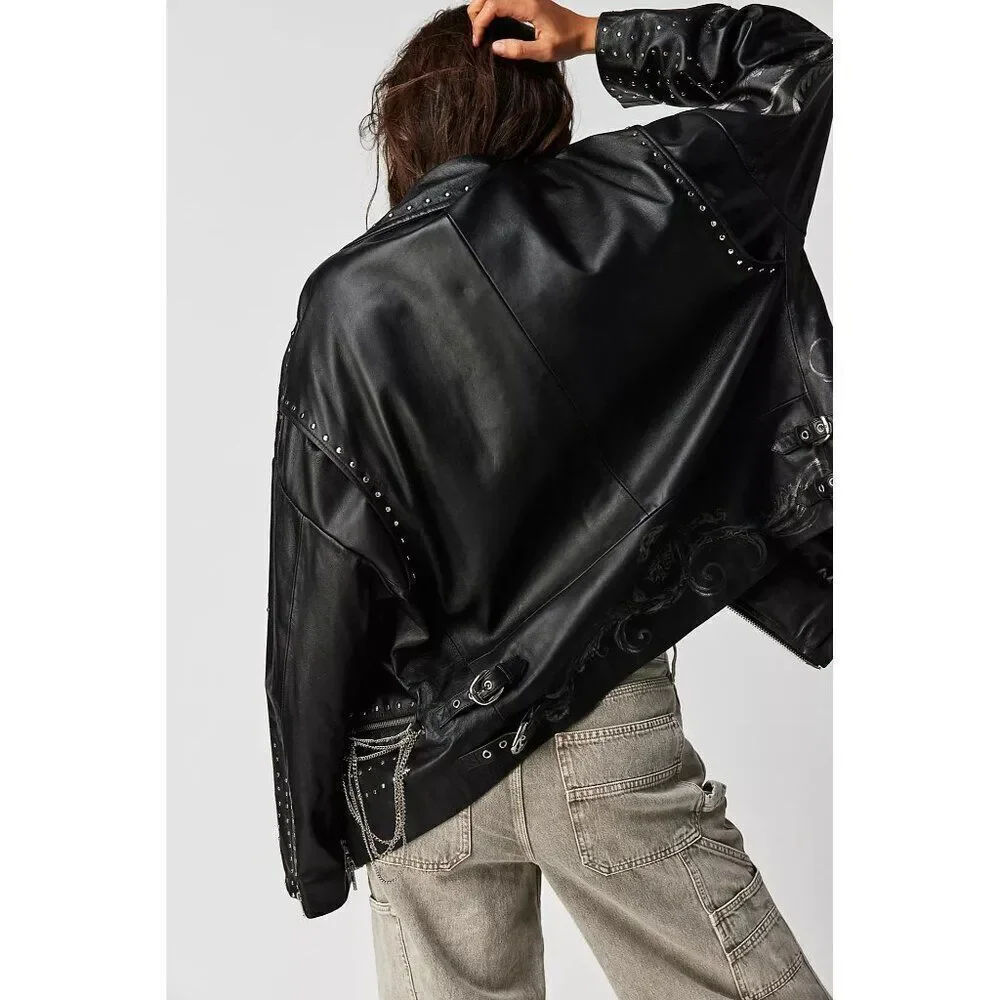 Free People Nigel Preston Chain Embellished Biker Jacket Leather - Picture 3 of 14